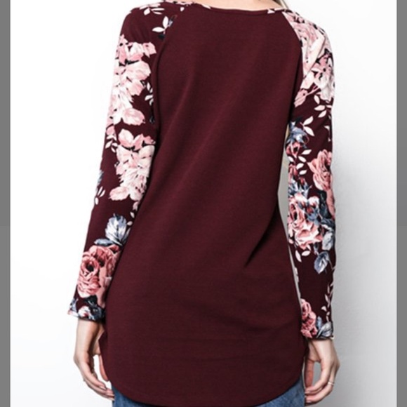 Burgundy Floral-Sleeve Crewneck - Picture 5 of 5